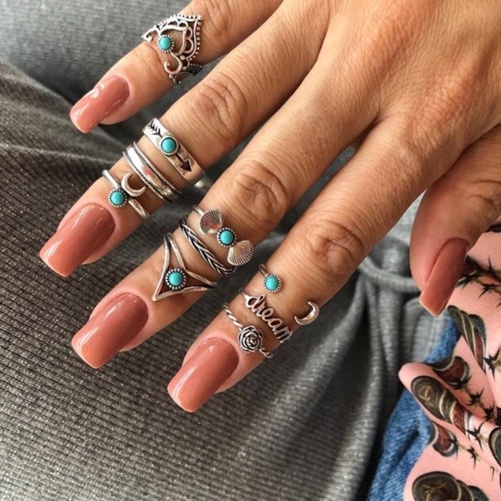 Silver Vintage Turquoise Knuckle Rings 10-Piece Set